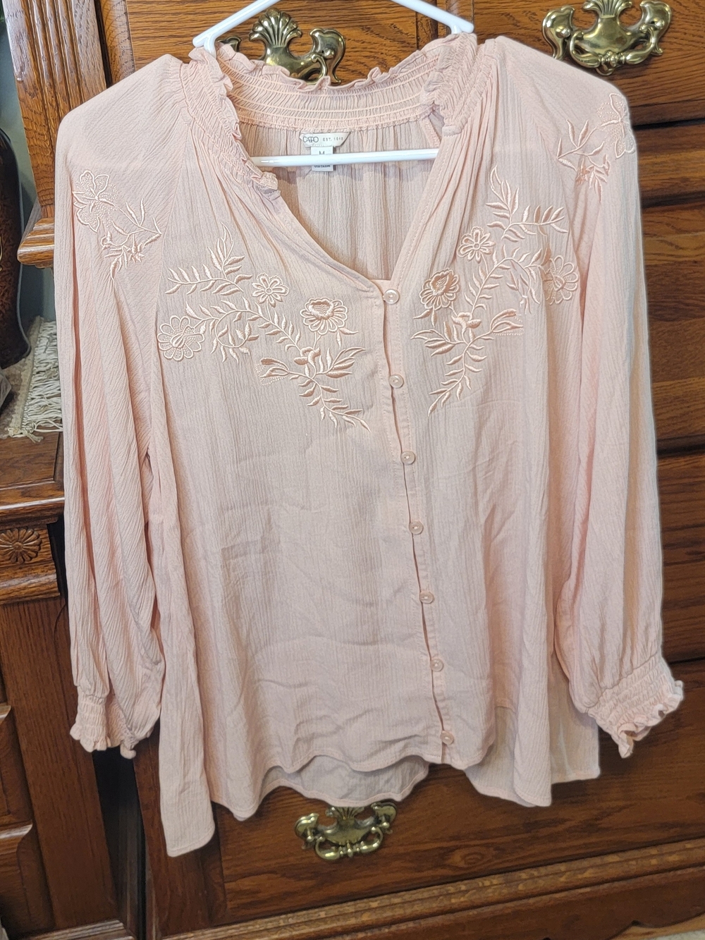 Cato Light Blush Pink Embroidered Button-Front Blouse Size Medium